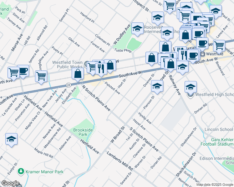 map of restaurants, bars, coffee shops, grocery stores, and more near 301 Palsted Avenue in Westfield