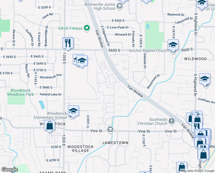 map of restaurants, bars, coffee shops, grocery stores, and more near 1571 East Waterbury Drive in Murray