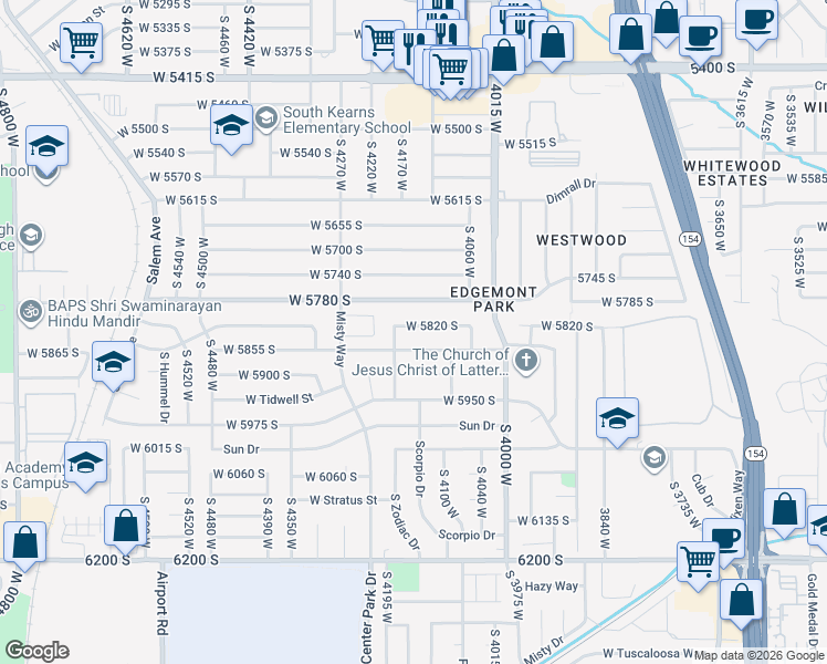 map of restaurants, bars, coffee shops, grocery stores, and more near 4146 West 5820 South in Kearns