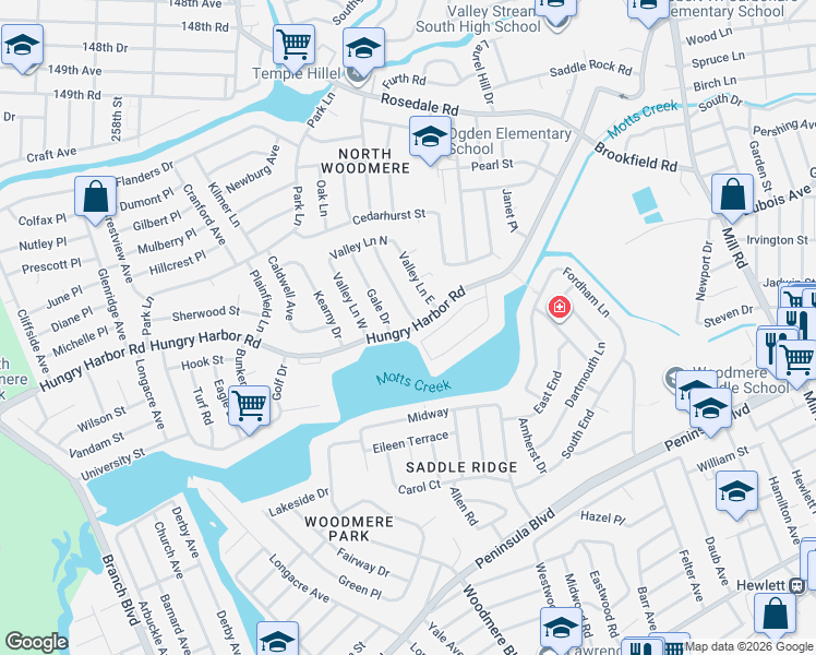 map of restaurants, bars, coffee shops, grocery stores, and more near 54 Halyard Road in Valley Stream
