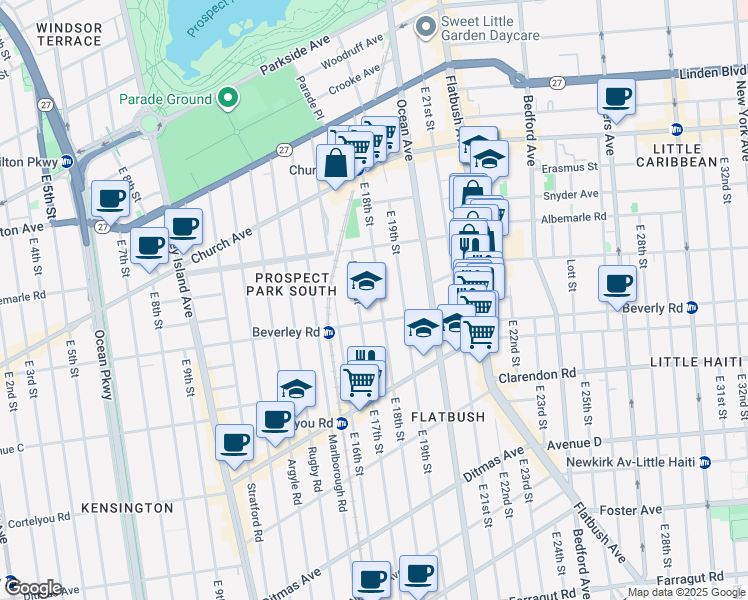map of restaurants, bars, coffee shops, grocery stores, and more near 229 East 18th Street in Brooklyn