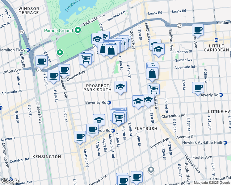 map of restaurants, bars, coffee shops, grocery stores, and more near 222 East 17th Street in Brooklyn