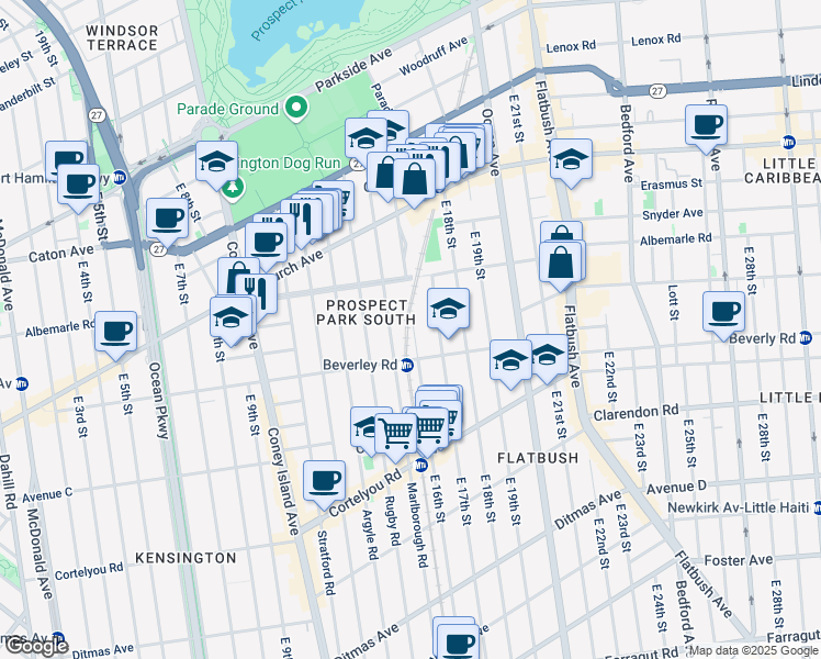 map of restaurants, bars, coffee shops, grocery stores, and more near 187 Marlborough Road in Brooklyn