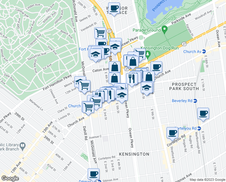 map of restaurants, bars, coffee shops, grocery stores, and more near 514 Albemarle Road in Brooklyn