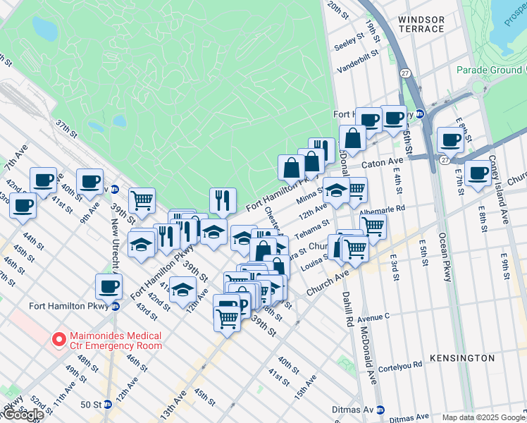 map of restaurants, bars, coffee shops, grocery stores, and more near 3461 Fort Hamilton Parkway in Brooklyn