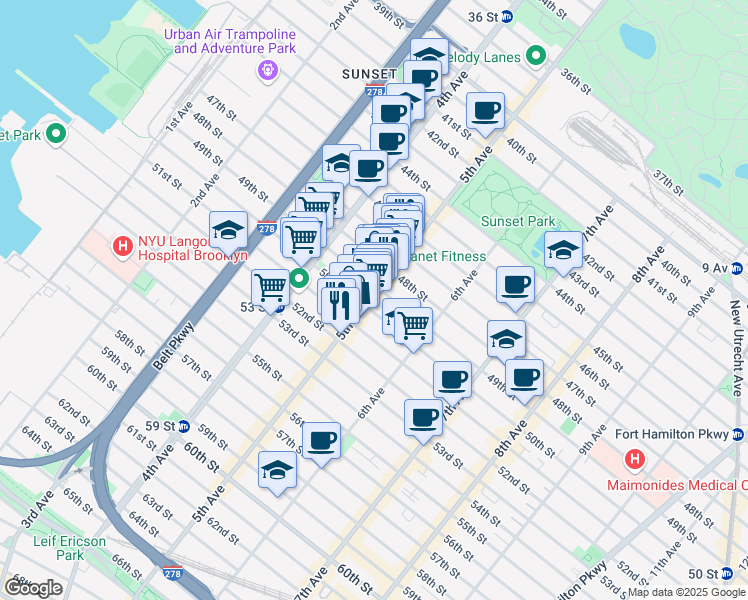 map of restaurants, bars, coffee shops, grocery stores, and more near 4802 5th Avenue in Brooklyn