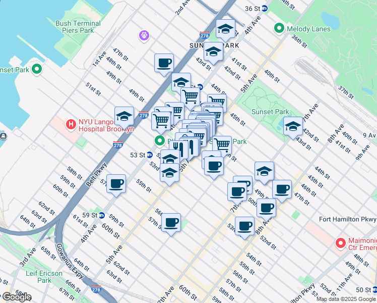 map of restaurants, bars, coffee shops, grocery stores, and more near 4802 5th Avenue in Brooklyn