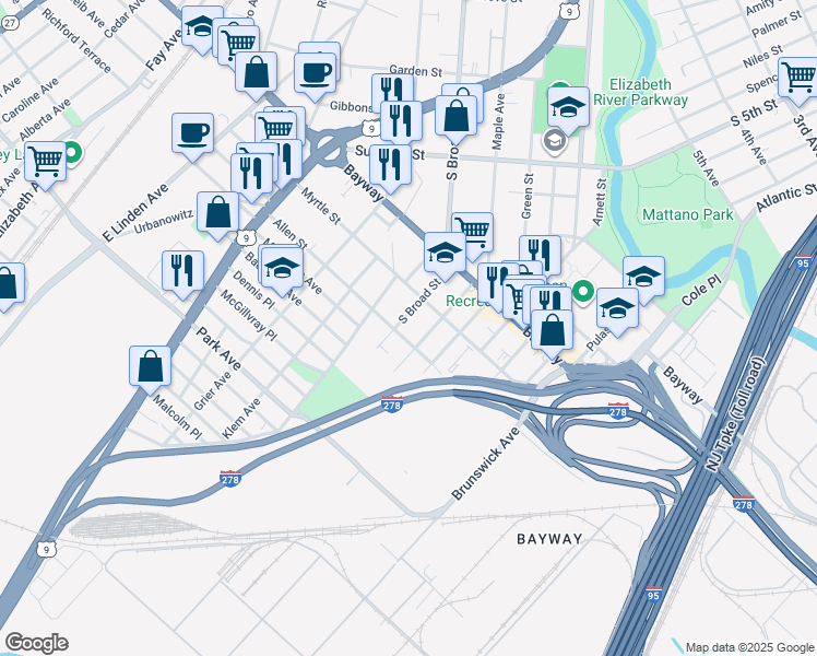 map of restaurants, bars, coffee shops, grocery stores, and more near 763 South Broad Street in Elizabeth