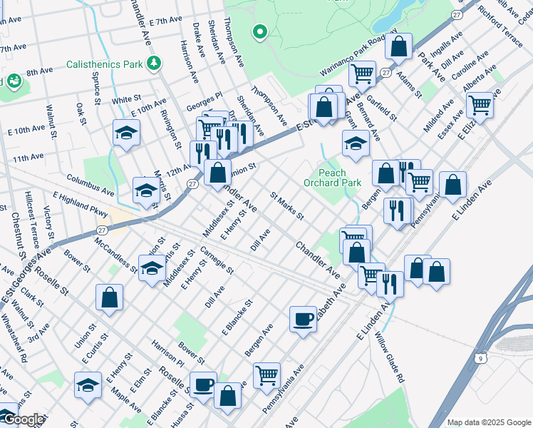 map of restaurants, bars, coffee shops, grocery stores, and more near 804 Chandler Avenue in Linden