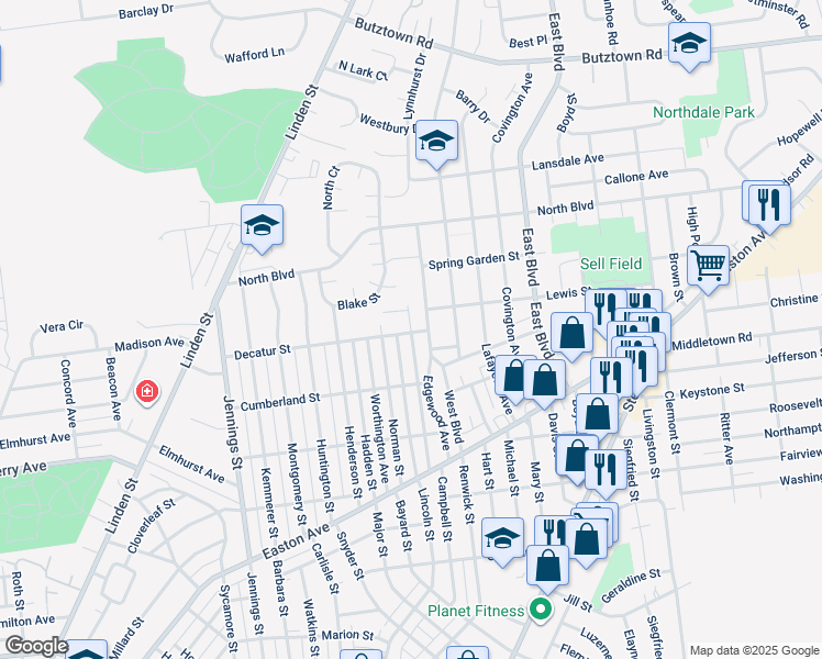 map of restaurants, bars, coffee shops, grocery stores, and more near 1125 Decatur Street in Bethlehem