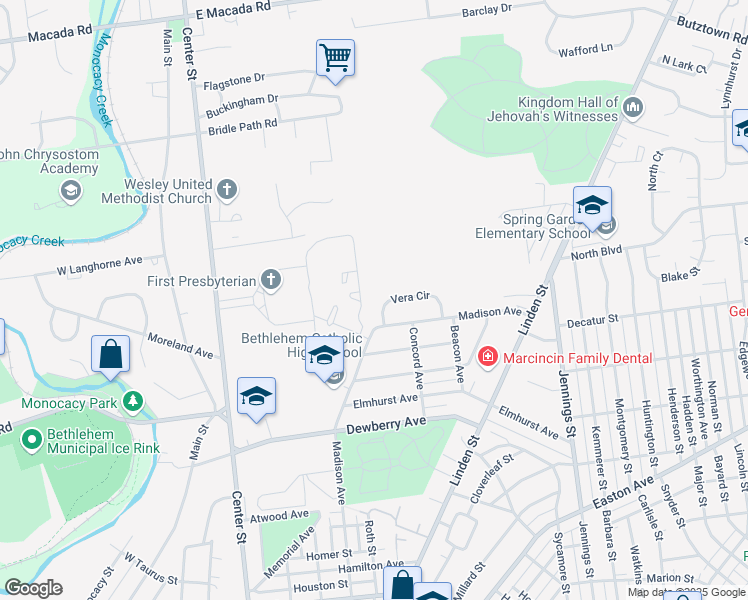 map of restaurants, bars, coffee shops, grocery stores, and more near 453 Vera Circle in Bethlehem