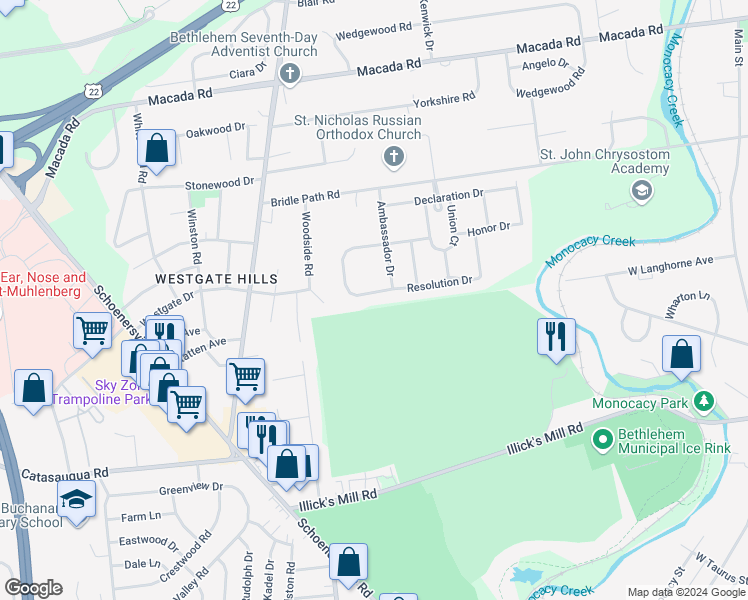 map of restaurants, bars, coffee shops, grocery stores, and more near 1047 Resolution Drive in Bethlehem