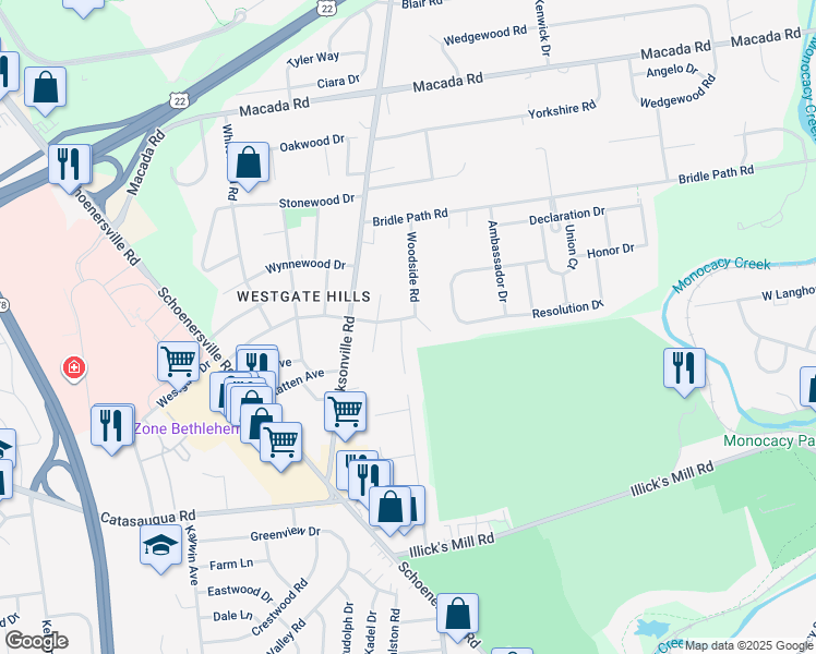 map of restaurants, bars, coffee shops, grocery stores, and more near 2480 Rosewood Drive in Bethlehem