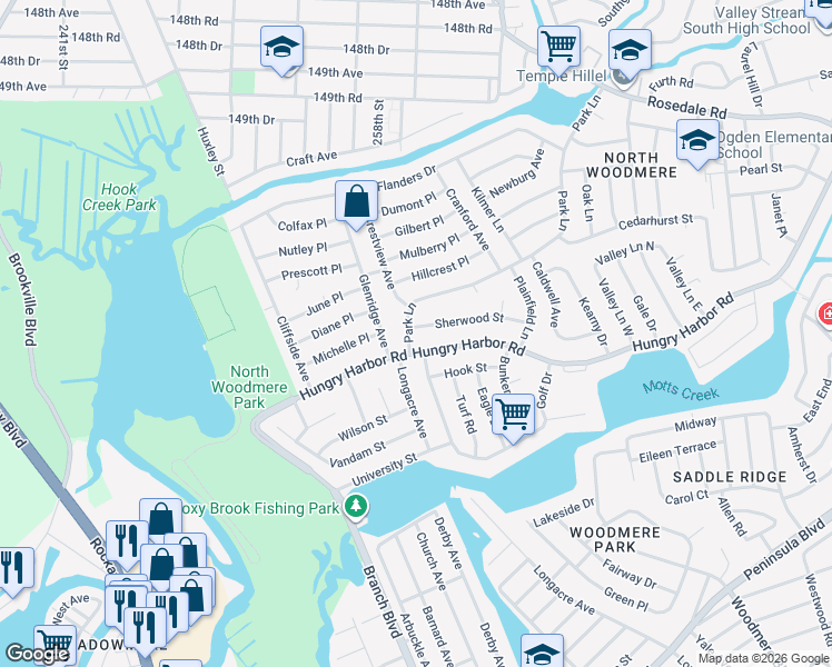 map of restaurants, bars, coffee shops, grocery stores, and more near 690 Sherwood Street in Valley Stream