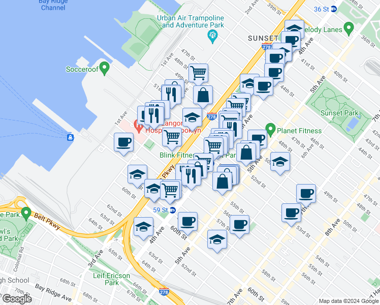 map of restaurants, bars, coffee shops, grocery stores, and more near 319 54th Street in Brooklyn