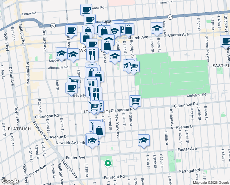 map of restaurants, bars, coffee shops, grocery stores, and more near 460 East 34th Street in Brooklyn