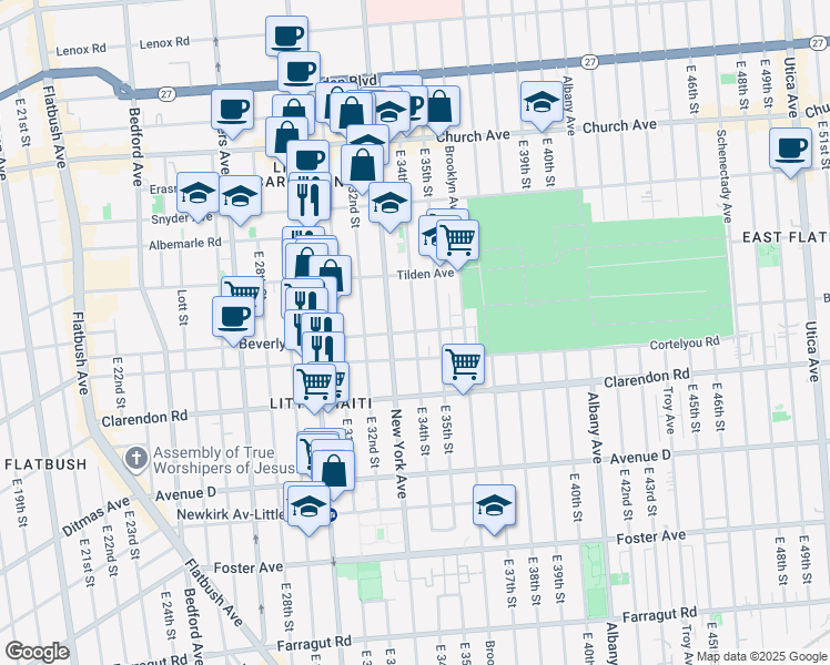 map of restaurants, bars, coffee shops, grocery stores, and more near 463 East 34th Street in Brooklyn