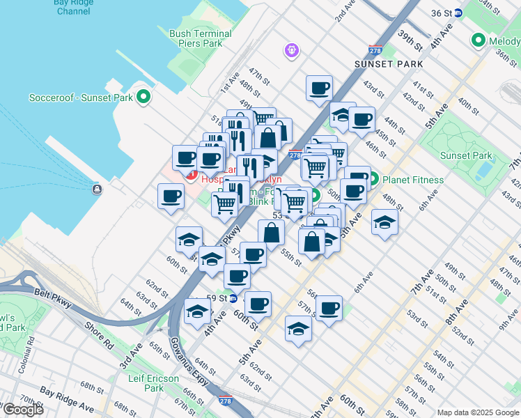 map of restaurants, bars, coffee shops, grocery stores, and more near 317 54th Street in Brooklyn