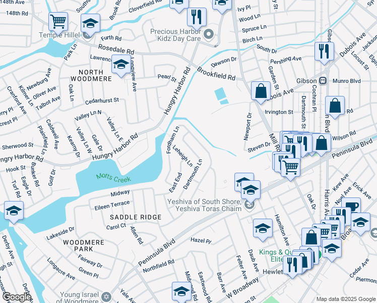 map of restaurants, bars, coffee shops, grocery stores, and more near 1030 Dartmouth Lane in Woodmere