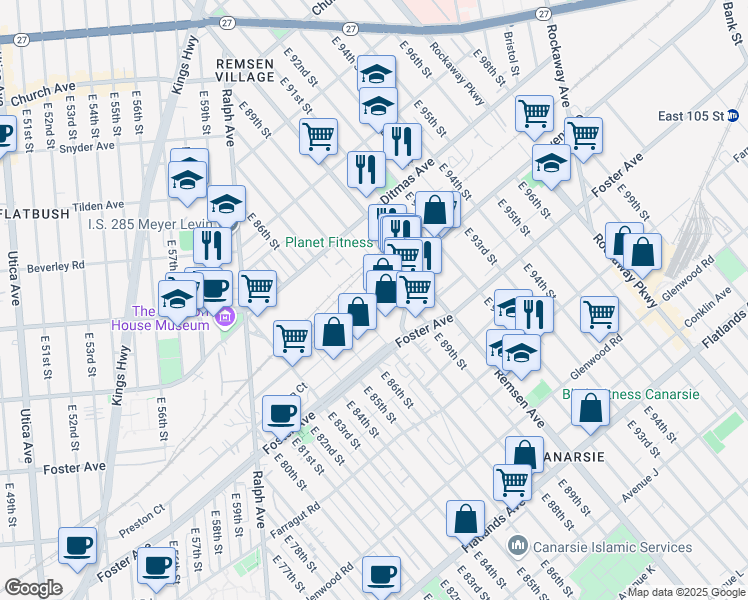 map of restaurants, bars, coffee shops, grocery stores, and more near 856 Remsen Avenue in Brooklyn