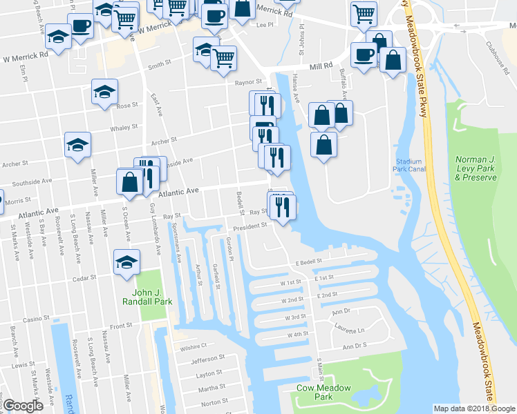 map of restaurants, bars, coffee shops, grocery stores, and more near 26 Ray St in Freeport