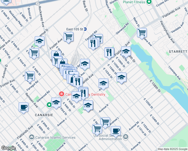 map of restaurants, bars, coffee shops, grocery stores, and more near 902 East 101st Street in Brooklyn