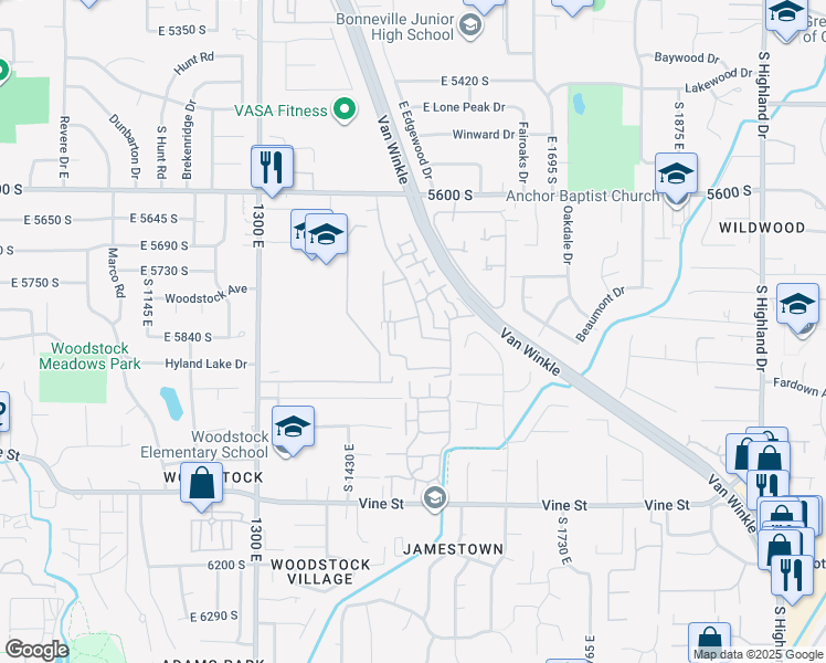 map of restaurants, bars, coffee shops, grocery stores, and more near 5820 South Waterbury Way in Murray