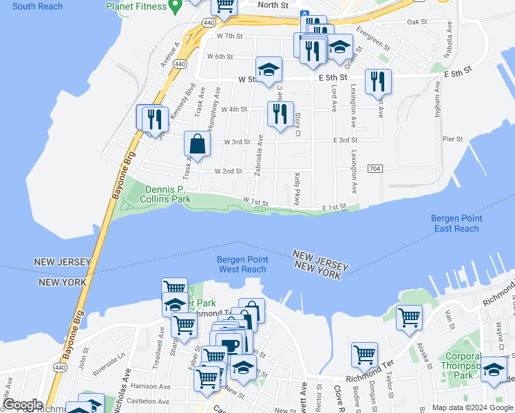 map of restaurants, bars, coffee shops, grocery stores, and more near 64 West 1st Street in Bayonne