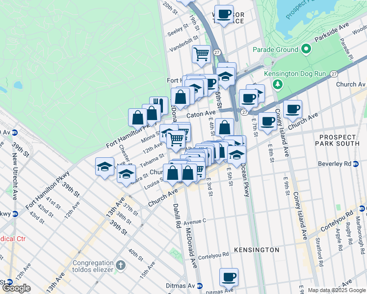 map of restaurants, bars, coffee shops, grocery stores, and more near 103 Albemarle Road in Brooklyn