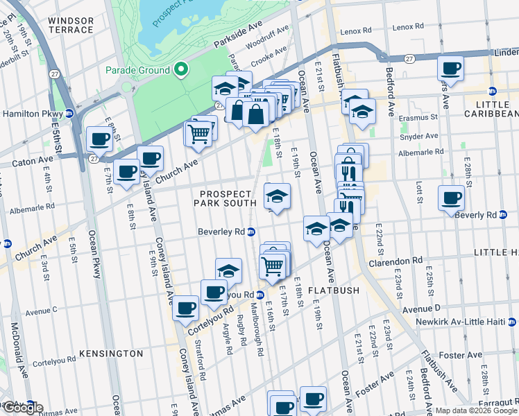 map of restaurants, bars, coffee shops, grocery stores, and more near 222 East 17th Street in Brooklyn