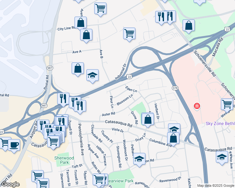 map of restaurants, bars, coffee shops, grocery stores, and more near 2140 Cypress Road in Bethlehem