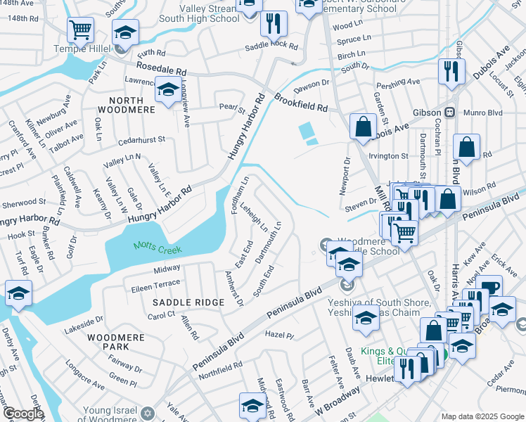 map of restaurants, bars, coffee shops, grocery stores, and more near 1030 Dartmouth Lane in Woodmere