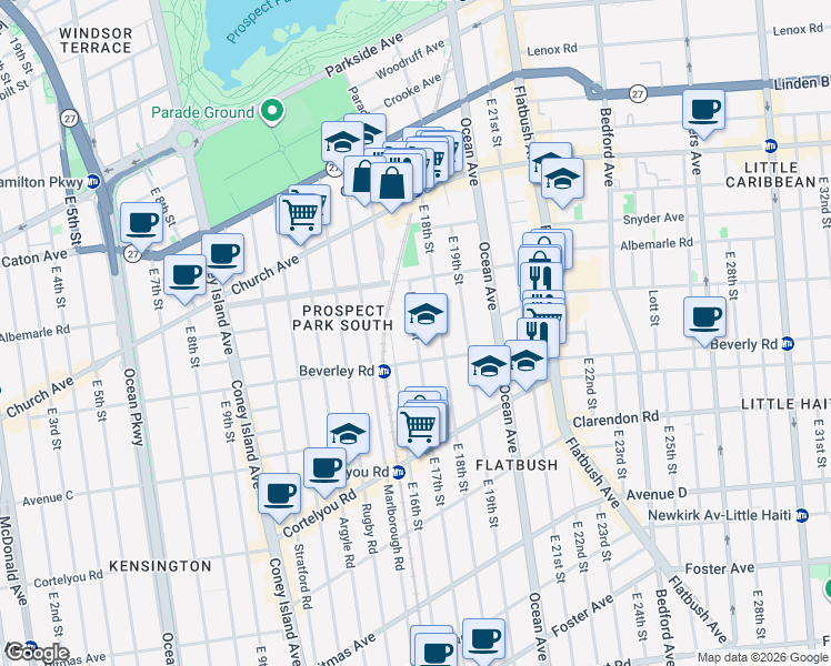 map of restaurants, bars, coffee shops, grocery stores, and more near 220 East 17th Street in Brooklyn