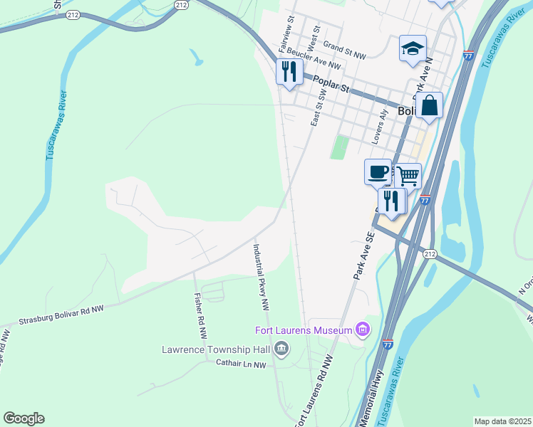 map of restaurants, bars, coffee shops, grocery stores, and more near 11762 Strasburg Bolivar Road Northwest in Bolivar