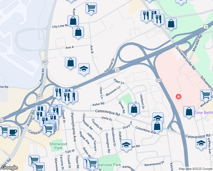 map of restaurants, bars, coffee shops, grocery stores, and more near 2140 Cypress Road in Bethlehem