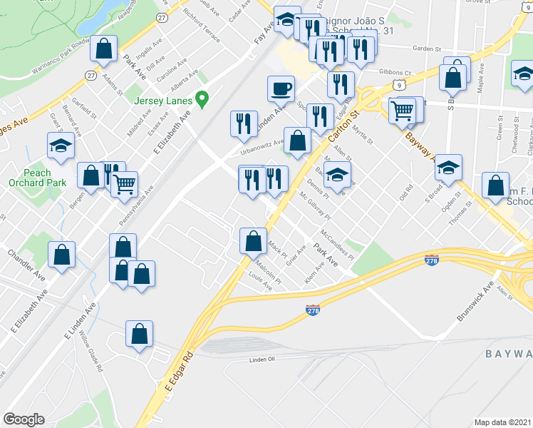 map of restaurants, bars, coffee shops, grocery stores, and more near 1951 East Edgar Road in Linden