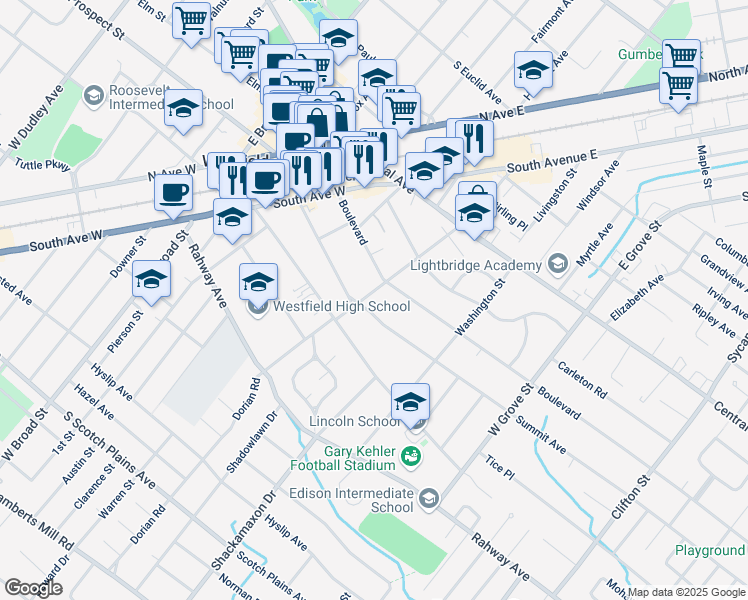 map of restaurants, bars, coffee shops, grocery stores, and more near 317 Park Street in Westfield
