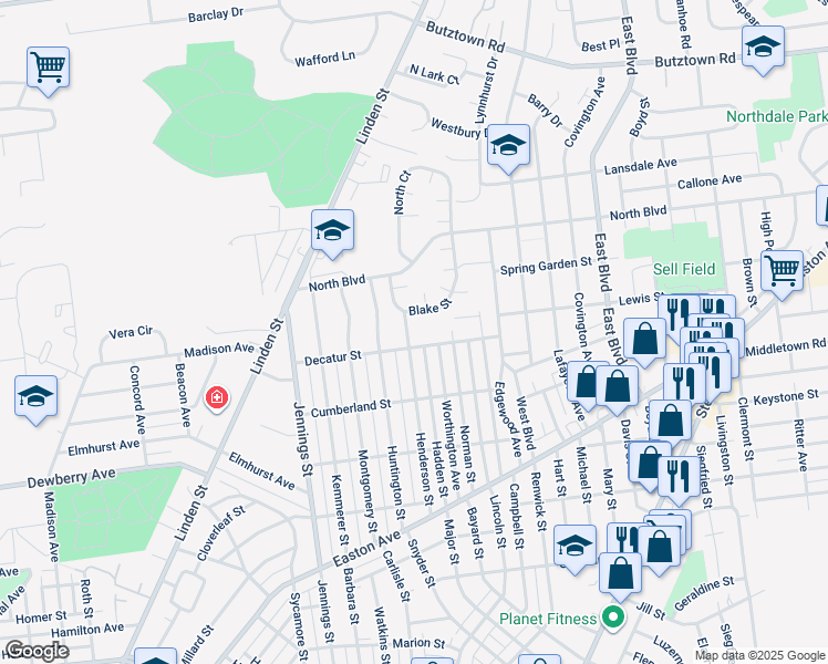 map of restaurants, bars, coffee shops, grocery stores, and more near 2314 Henderson Street in Bethlehem