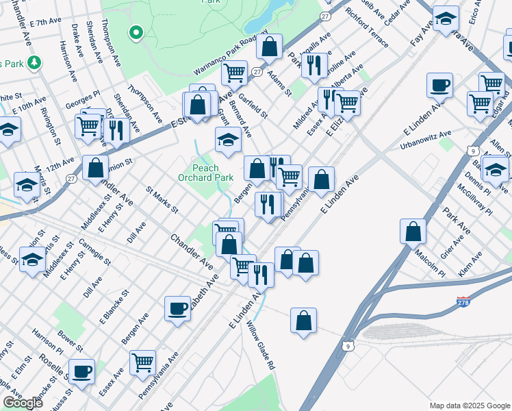 map of restaurants, bars, coffee shops, grocery stores, and more near 1504 Essex Avenue in Linden
