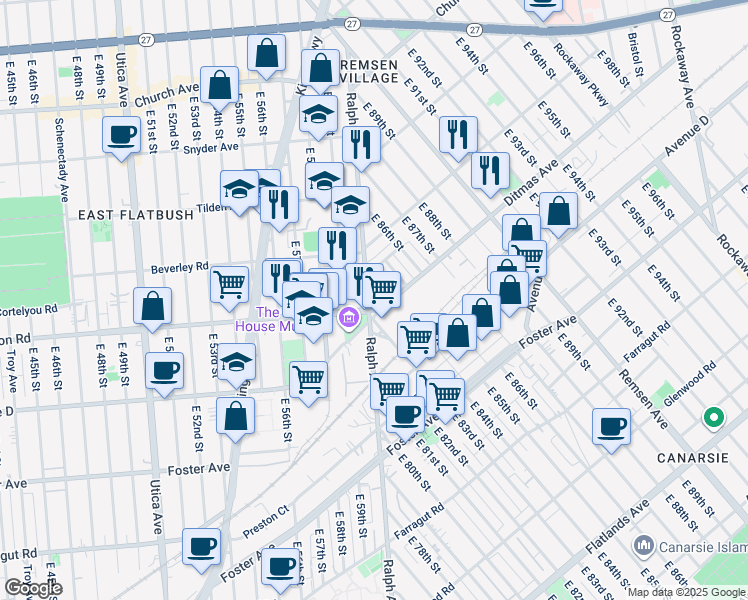map of restaurants, bars, coffee shops, grocery stores, and more near 1255 Ralph Avenue in Brooklyn