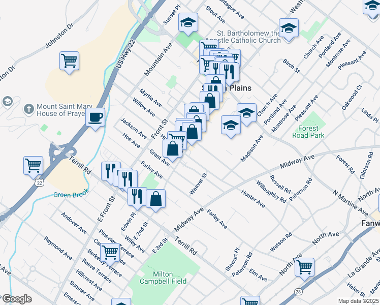 map of restaurants, bars, coffee shops, grocery stores, and more near 1704 East 2nd Street in Scotch Plains