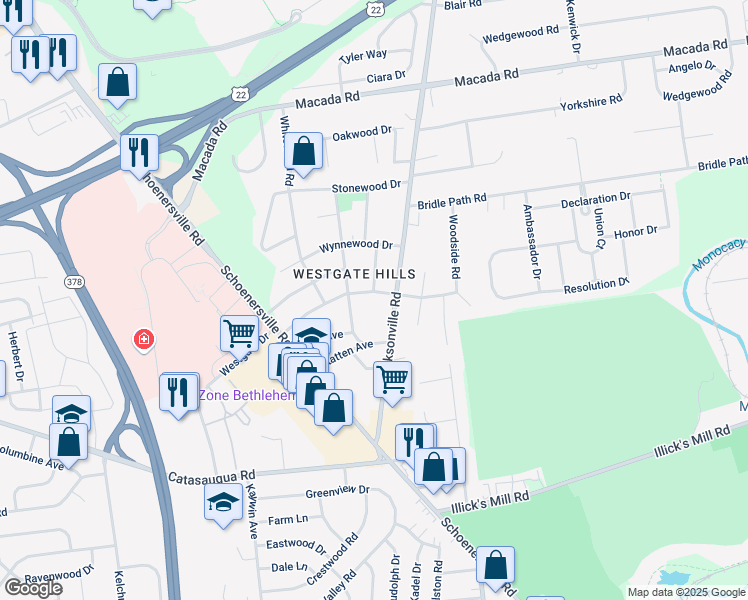 map of restaurants, bars, coffee shops, grocery stores, and more near 1325 Westgate Dr in Bethlehem