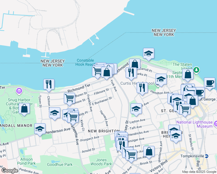 map of restaurants, bars, coffee shops, grocery stores, and more near 18 Van Buren Street in Staten Island