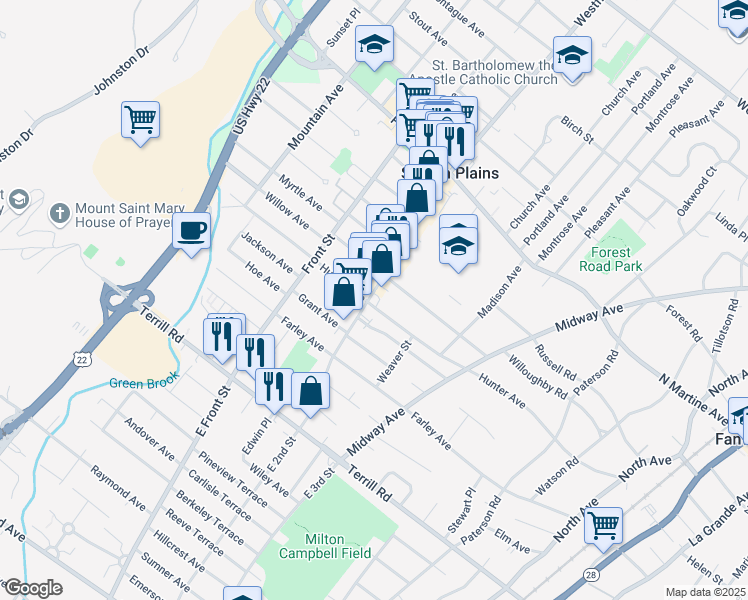 map of restaurants, bars, coffee shops, grocery stores, and more near 1704 East 2nd Street in Scotch Plains