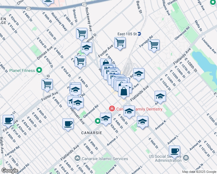 map of restaurants, bars, coffee shops, grocery stores, and more near 1041 East 96th Street in Brooklyn