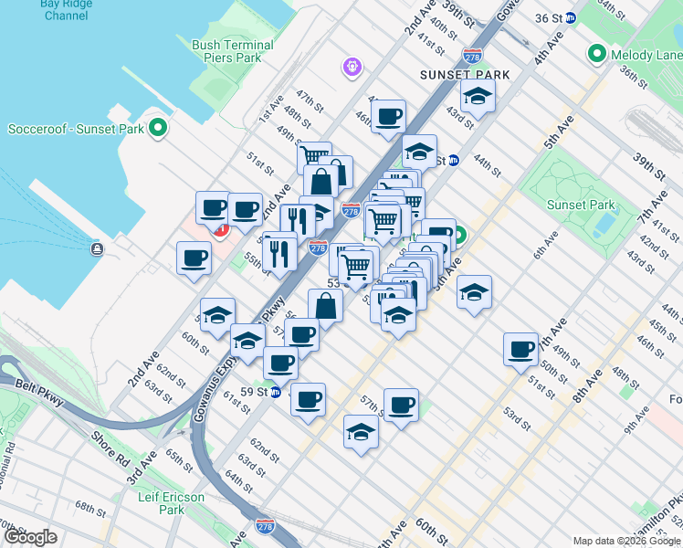 map of restaurants, bars, coffee shops, grocery stores, and more near 362 52nd Street in Brooklyn