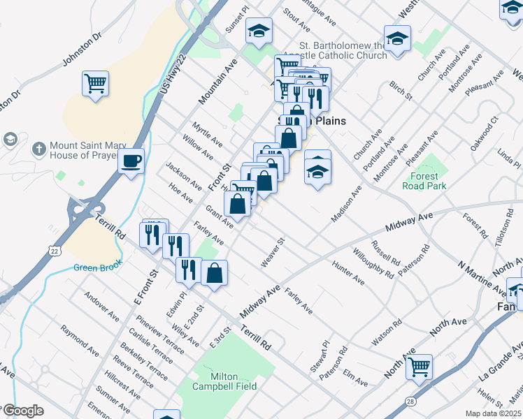 map of restaurants, bars, coffee shops, grocery stores, and more near 1704 East 2nd Street in Scotch Plains