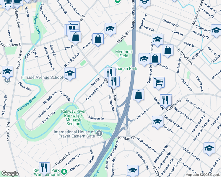 map of restaurants, bars, coffee shops, grocery stores, and more near 514 Centennial Ave in Cranford