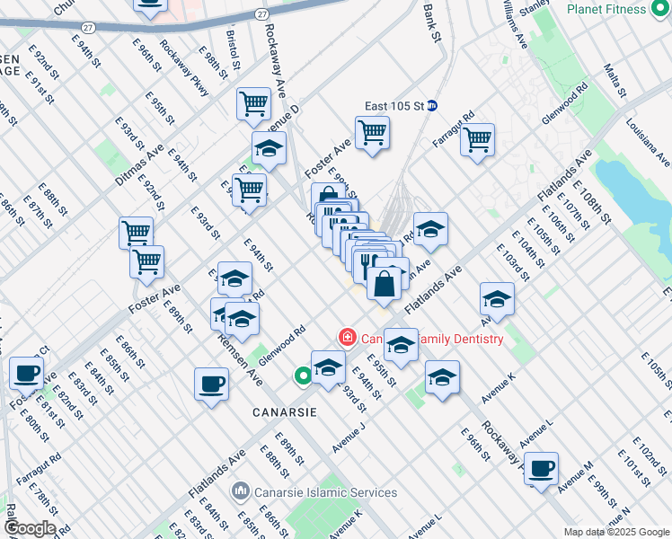 map of restaurants, bars, coffee shops, grocery stores, and more near 1041 East 96th Street in Brooklyn