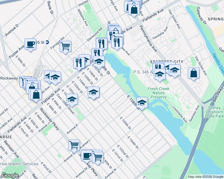 map of restaurants, bars, coffee shops, grocery stores, and more near 10554 Flatlands 2nd Street in Brooklyn